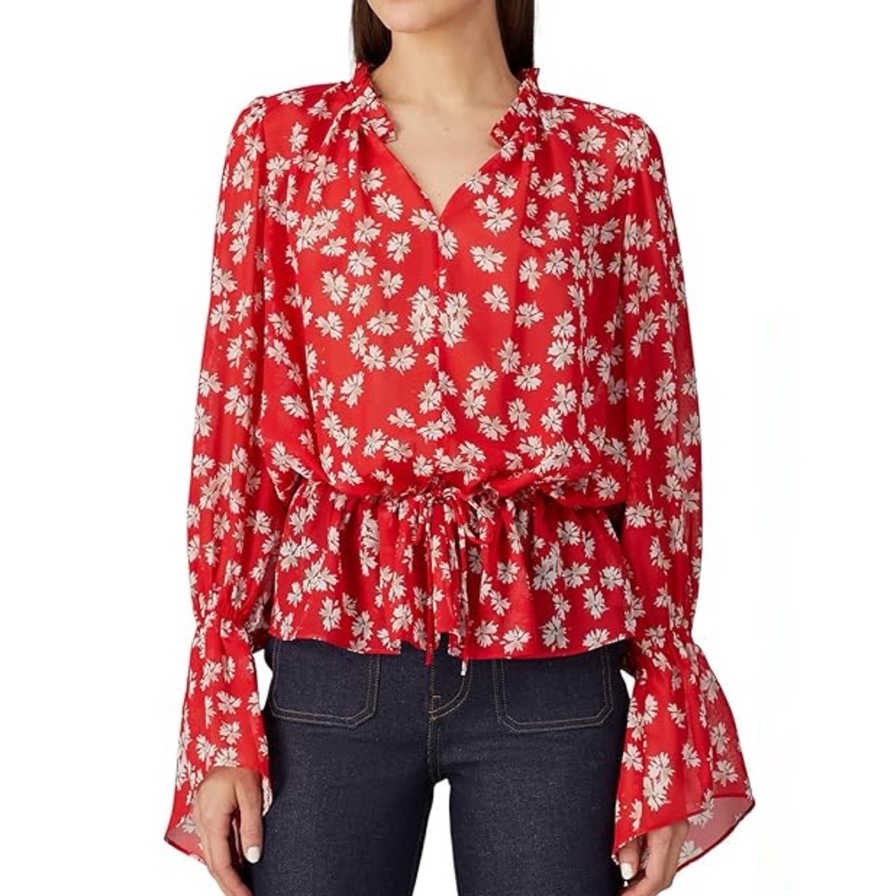 Derek Lam Red Floral Chiffon Tie-Waist Flutter Sleeves Blouse Top 42/US 6